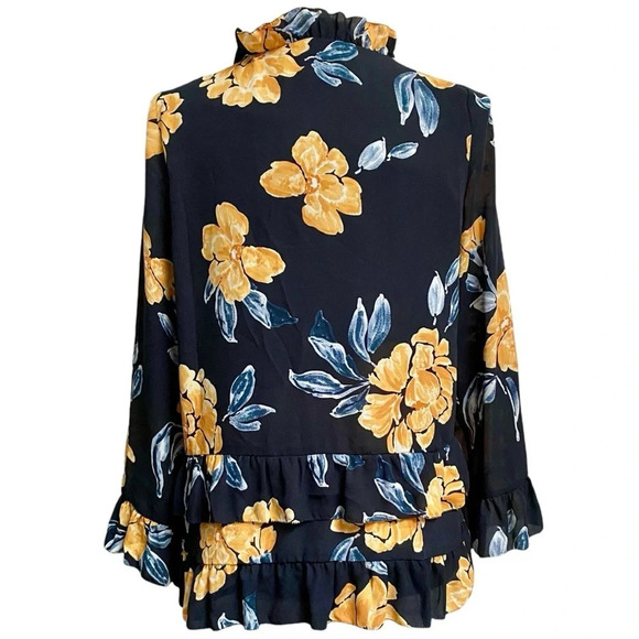 Paper Crown Anthropologie Floral Ruffle Blouse Gold Navy Size Small Romantic - Picture 11 of 15